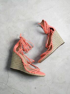 J LO Callie Orange Peach Laceup Wedges Sandals Size 9